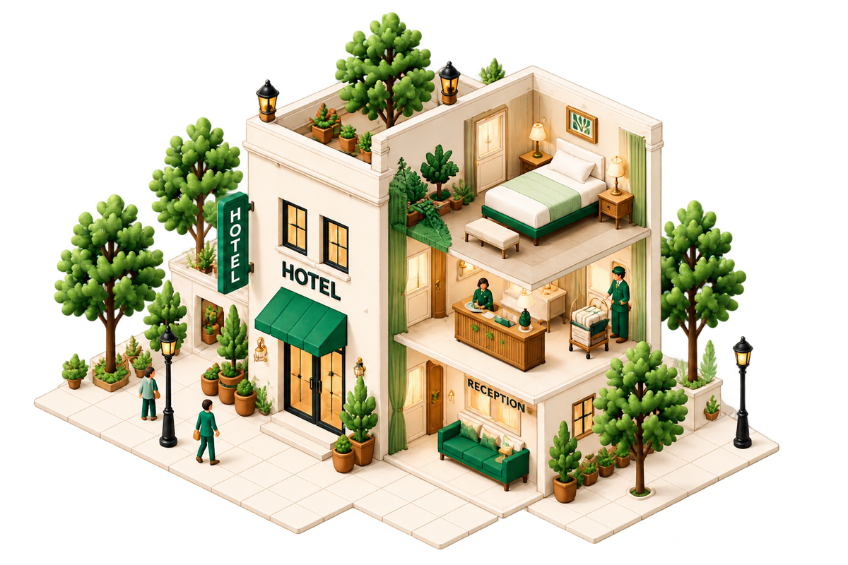 An illustrated hotel and guest spaces