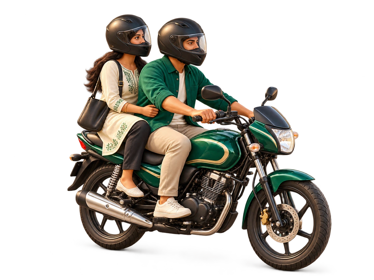 Helmeted driver and passenger on an emerald motorcycle