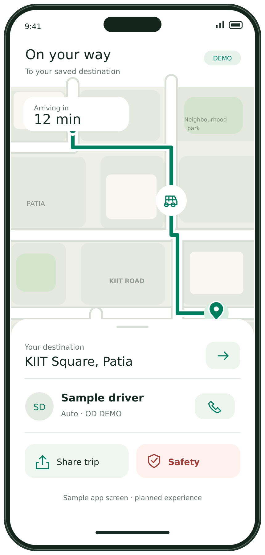 Planned HeyLane active-ride app screen with sample map, driver details, sharing and safety controls