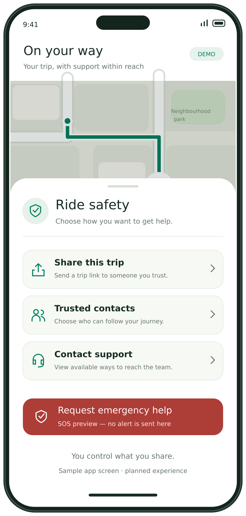 Planned HeyLane ride-safety bottom sheet with sharing, trusted contacts, support and SOS preview